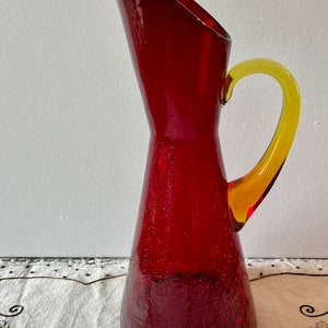 MCM Vintage Pilgrim Glass Large Red Crackle Glass Pitcher with Topaz/Amber Glass Handle
