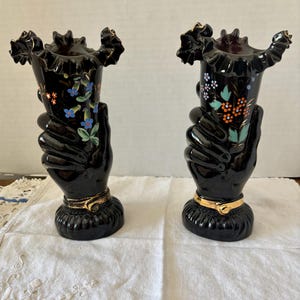 Antique Art Nouveau Black Amethyst Glass Figural Hand Vase w/Ruffled Edge and Enamel Flowers 2 Available