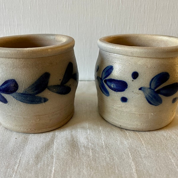 Lot of 2 Vintage Hand Thrown Blue and White Stoneware Small Crocks