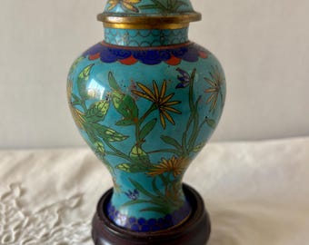 Vintage/Antique Blue Cloisonne Lidded Vase/Urn w/Stand