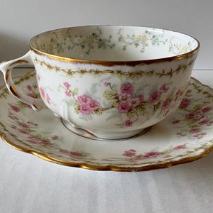 Op de afbeelding: Een witte porseleinen theekop en schotel set met een delicaat patroon van kleine roze bloemen en groen blad. De rand van zowel de kop als de schotel is versierd met een dunne, sierlijke gouden band en de kop is voorzien van een gebogen handvat.
