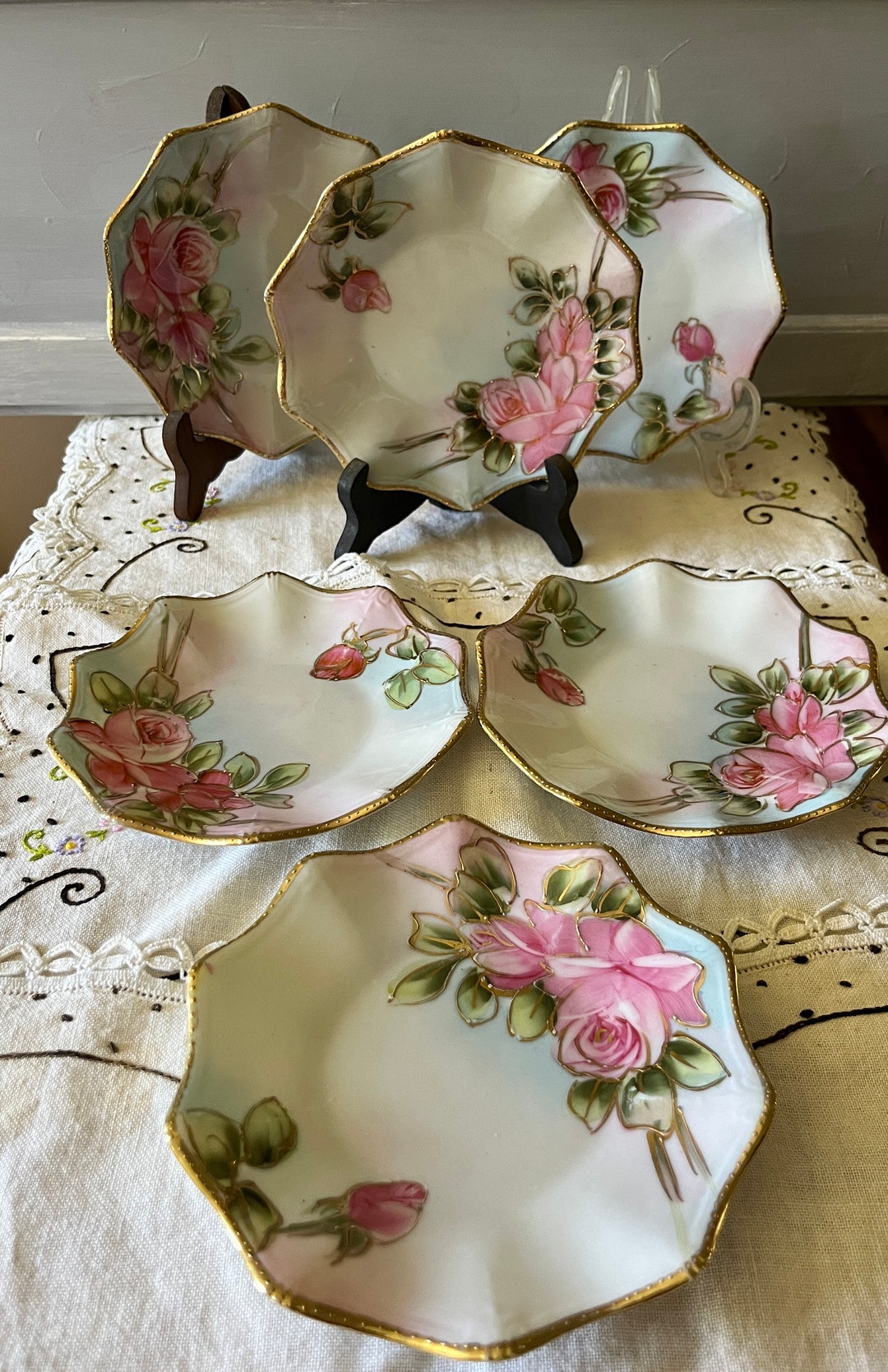 Nippon Roses Nippon Set of 6 Hand Painted Pink Rose Dessert Set - Etsy