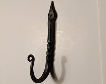 Twisted Metal Wall Hook, Hand Forged, Tip Curled, Spade Topped Blacksmith Made, Steel Hooks