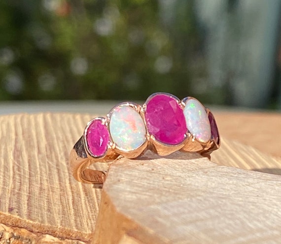 Gold ruby opal ring. This 9K rose gold ring has n… - image 6