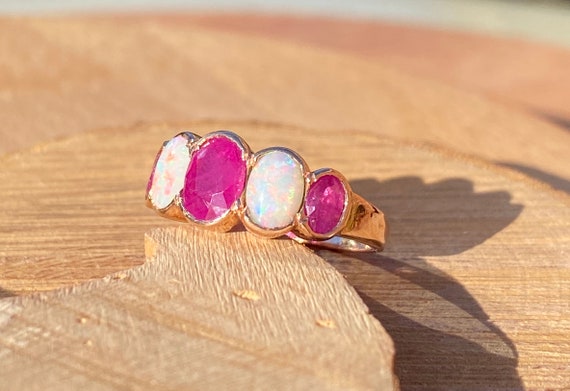 Gold ruby opal ring. This 9K rose gold ring has n… - image 4