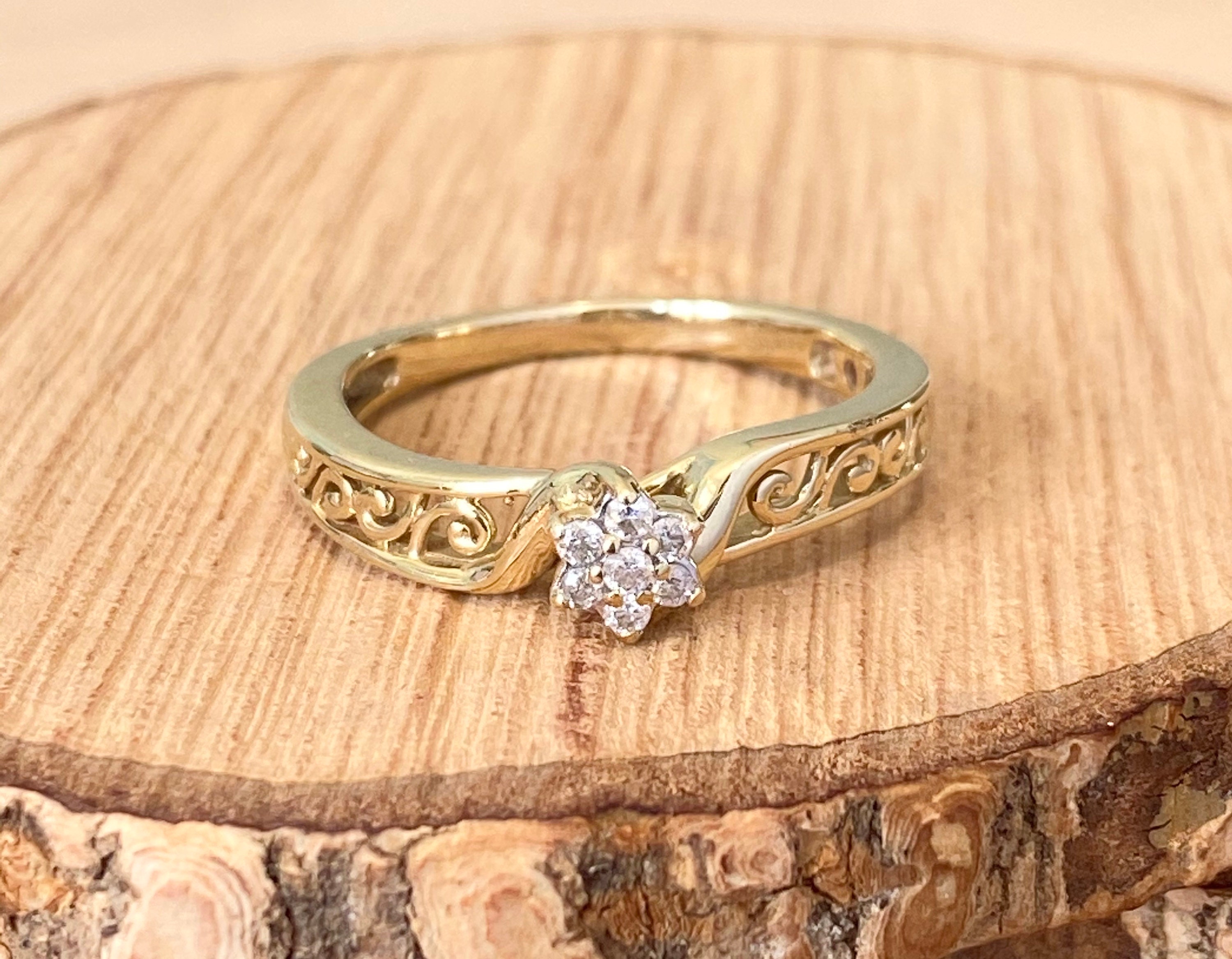 Gold diamond ring. A vintage 9K yellow gold 7 diamond cluster Etsy