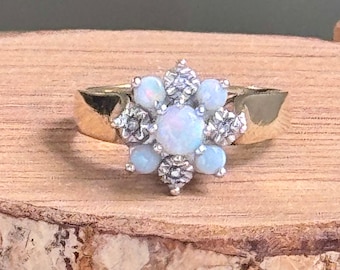 Gold opal ring. Vintage 1970s 9K yellow gold diamond and opal ring.