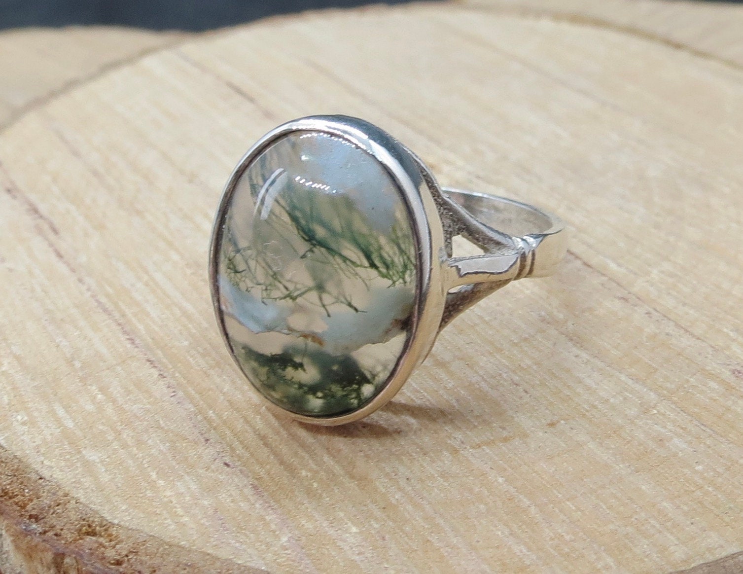 Silver agate ring, Sterling silver moss agate ring.
