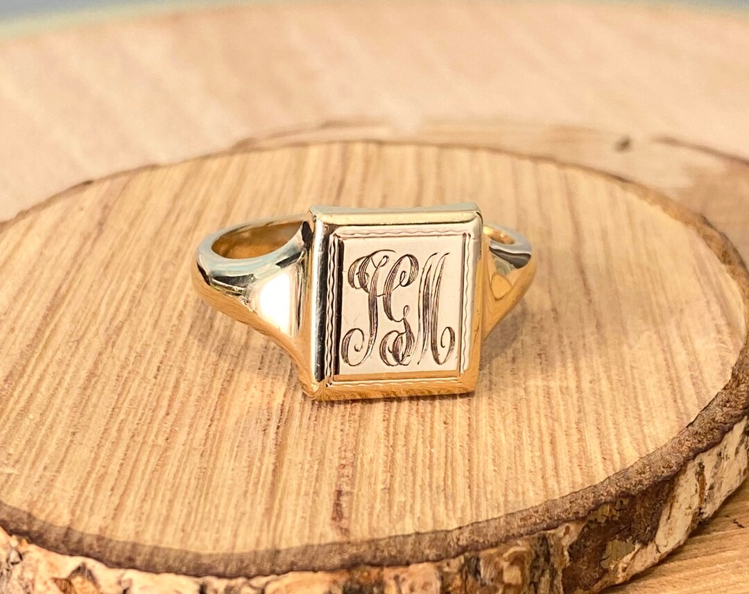 Buy Gold Signet Ring. Big Vintage 9K Yellow Gold Hand Engraved 