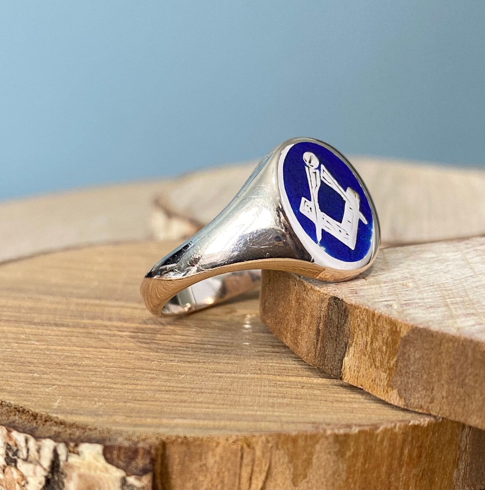 Men’s 10k Yellow Gold Freemason Ring – Blue Stone Square & Compass, Size 13.25 - View #7