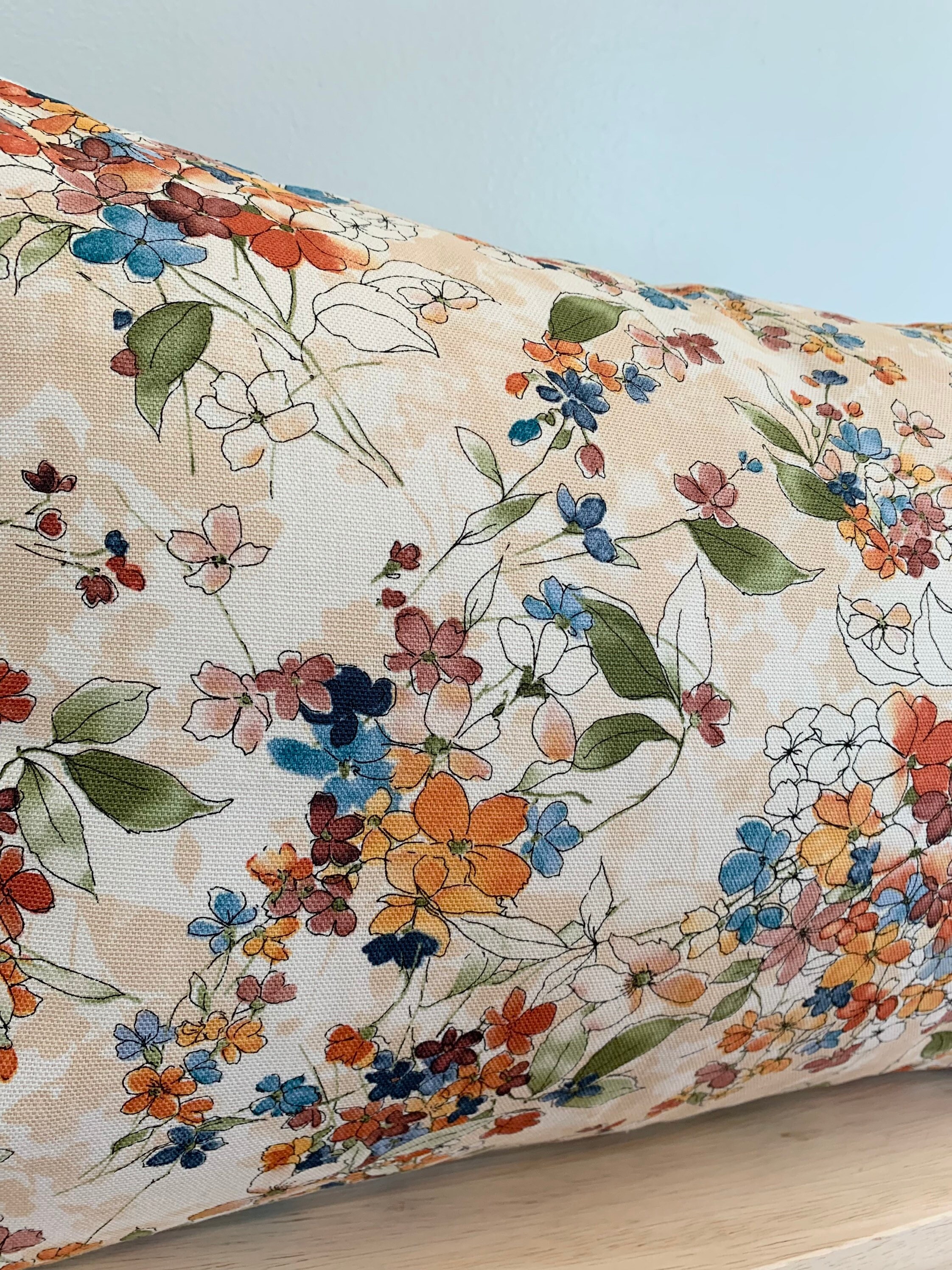Fall Floral Lumbar Pillow Cover Rust Blue Cream Pillow Etsy