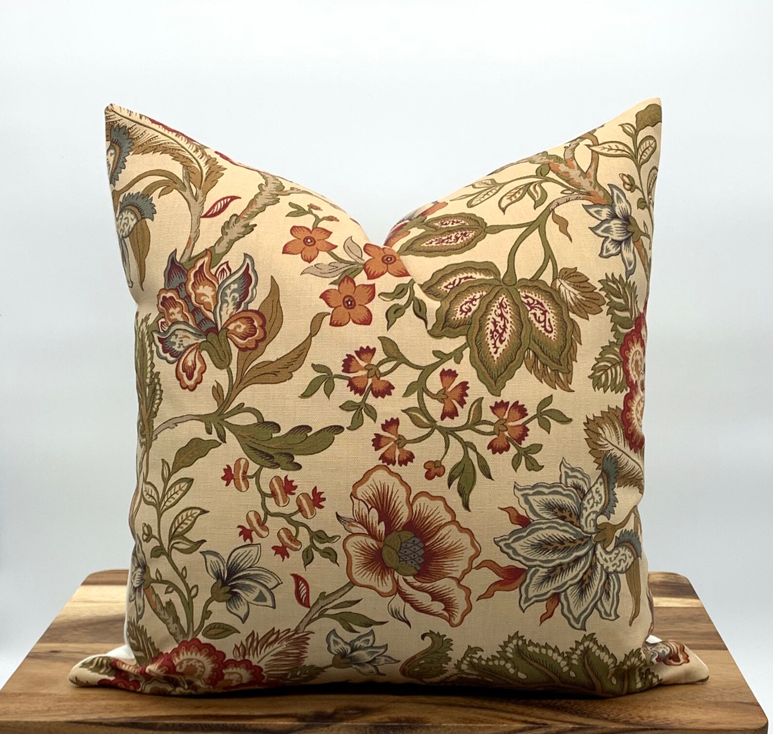 Beige Rust Green Floral Pillow Cover 18x18 Sofa Throw Etsy