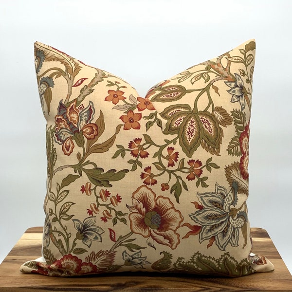 Beige Rust Green Floral Pillow Cover, 18x18, Sofa Throw Pillow, Earth Tones, Designer Throw Pillow Covers, Modern Farmhouse Pillow Cover