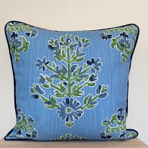 Blue and Green Block Print Floral Pillow Cover, Lacefield Clara Cornflower Blue Pillow, Grandmillennial Decor, Blue Green Floral Pillow