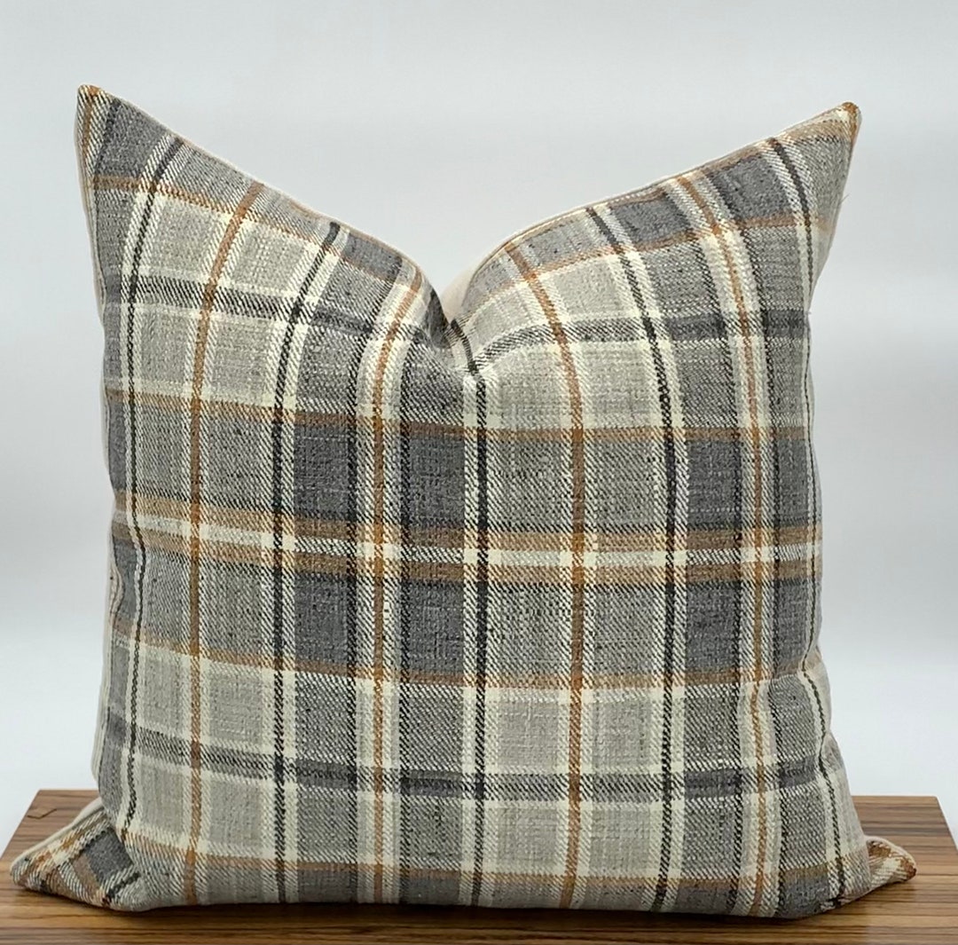 Gray Plaid Woven Pillow Cover, Charcoal Grey Cognac Pillow Cover, Sofa