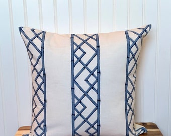 Blue and Cream Ballard Reva Pillow Cover, Bamboo Lattice Pillow Cover, Chinoiserie Pillow Cover, Grandmillennial Pillow Cover, Blue Pillow