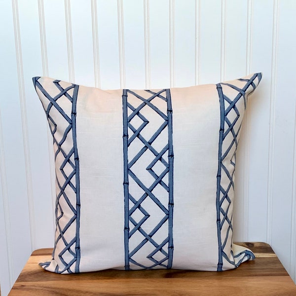 Blue and Cream Ballard Reva Pillow Cover, Bamboo Lattice Pillow Cover, Chinoiserie Pillow Cover, Grandmillennial Pillow Cover, Blue Pillow