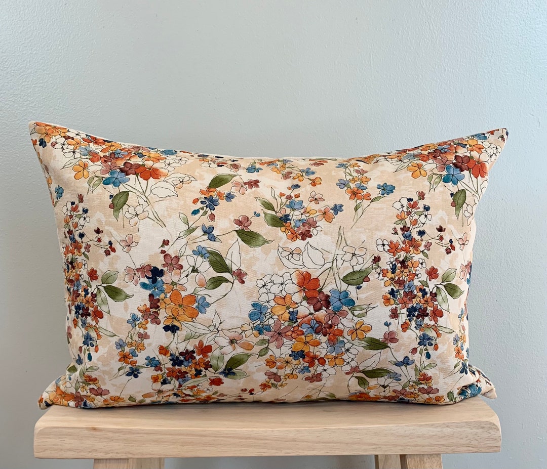 Earth Tones Floral Lumbar Pillow Cover, Rust, Blue, Cream Pillow Cover