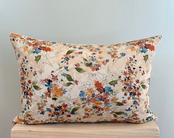 Earth Tones Floral Lumbar Pillow Cover, Rust, Blue, Cream Pillow Cover, Throw Pillows, Fall Throw Pillows, Rust Throw Pillow Covers