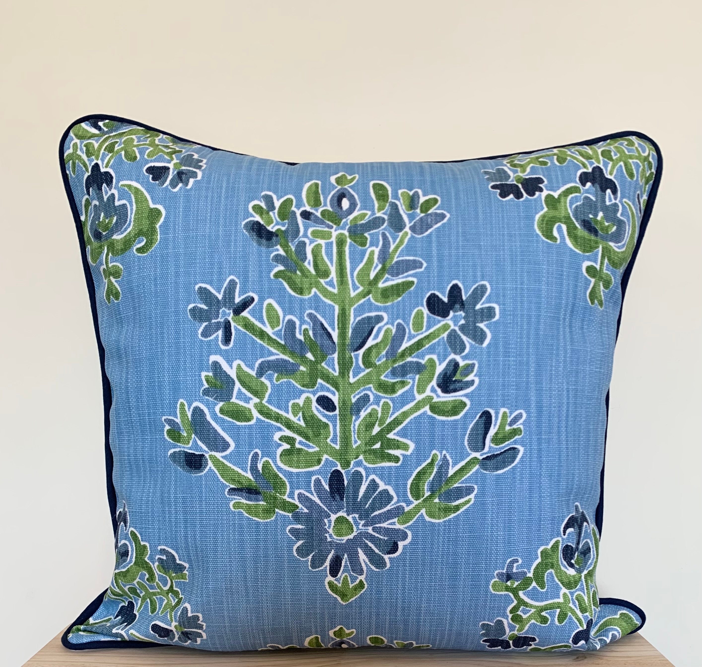 Blue and Green Block Print Floral Pillow Cover Lacefield Clara Cornflower Blue Pillow Grandmillennial Decor Blue Green Floral Pillow Etsy