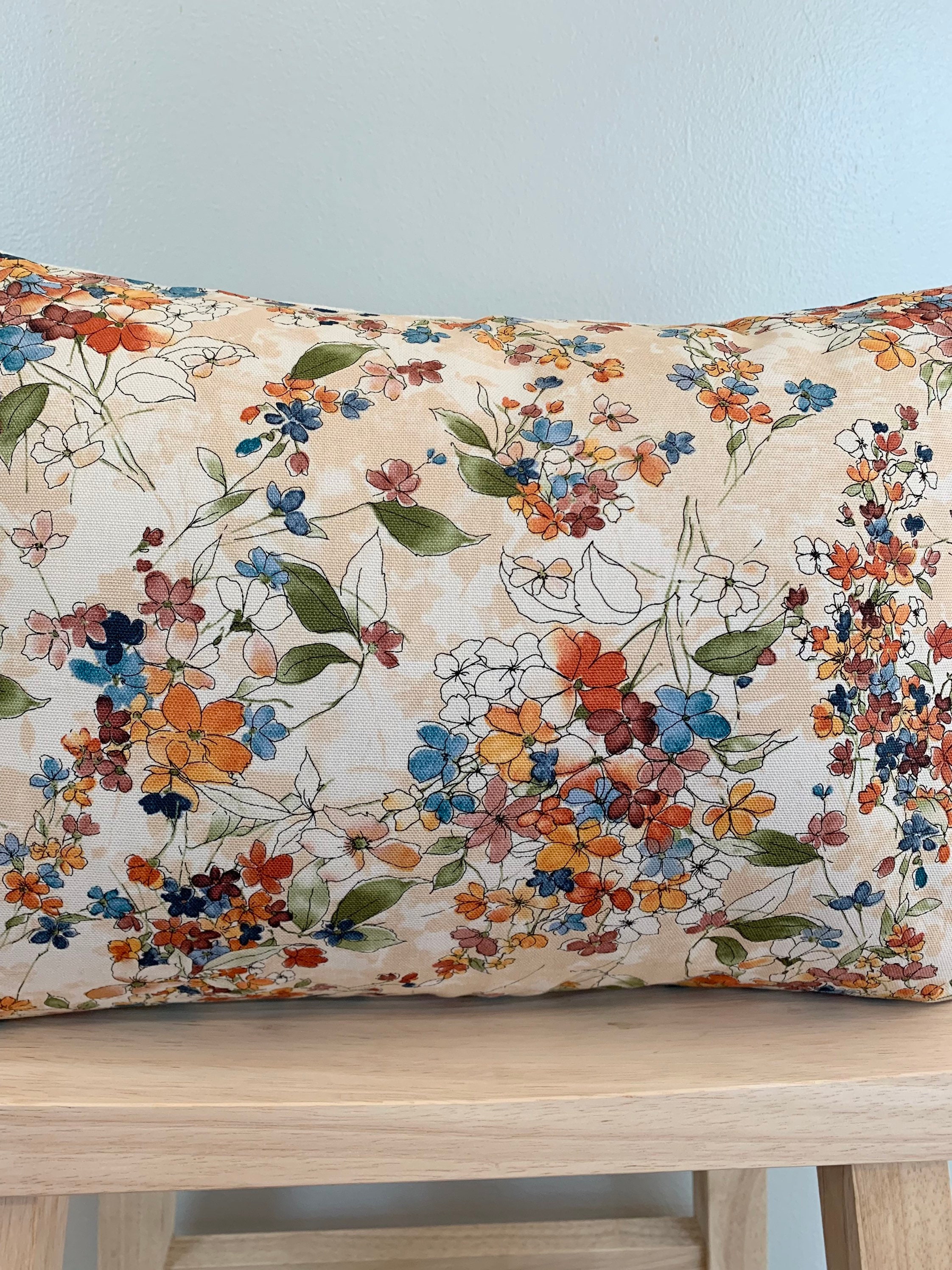 Fall Floral Lumbar Pillow Cover Rust Blue Cream Pillow Etsy