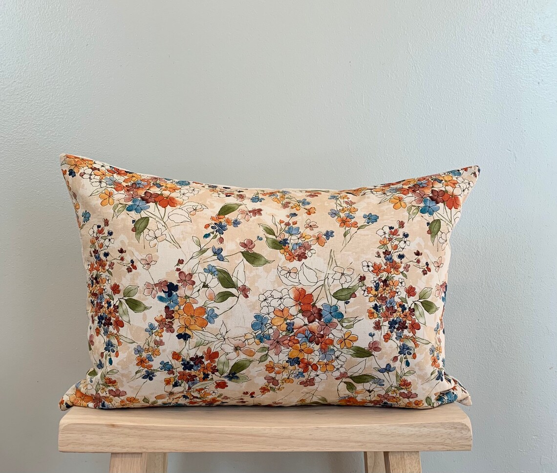 Fall Floral Lumbar Pillow Cover Rust Blue Cream Pillow Etsy