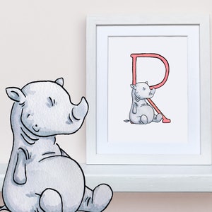 R is for Rhino, Animal Alphabet Nursery Decor 8"x10" mounted wall art print