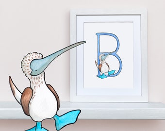 Animal Alphabet B is for Boobie, Nursery Art, New baby gift, Name illustration, nursery wall decor, kids bedroom 8x10" UNFRAMED print