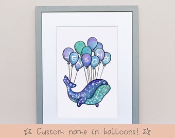 Personalised whale with balloons, nursery wall art print. Nursery decor with your child's name.