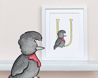 U is for Umbrella bird. Alphabet Nursery Art 8"x10" mounted wall decor print