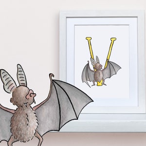 V is for Vampire Bat. Alphabet Nursery Art 8"x10" mounted wall decor print. New baby gift. Name illustration