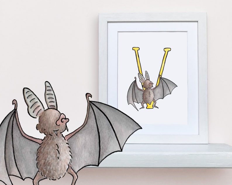 V is for Vampire Bat. Alphabet Nursery Art 8x10 mounted wall decor print. New baby gift. Name illustration image 1