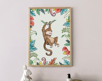 Monkey Nursery Wall Decor | Jungle Animal Art Print