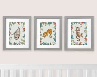 Set of 3 Jungle Prints | Nursery Wall Decor Art Print | Sloth | Jaguar | Monkey