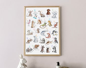 Animal Alphabet, Large Nursery Wall Art Print. Full alphabet poster