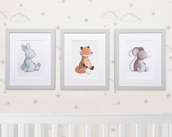 Nursery art set of baby animal prints, woodland nursery decor. | Rabbit | Fox | Mouse | 3 UNFRAMED watercolour illustrations.