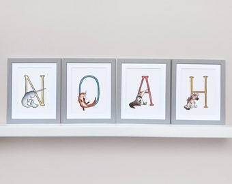 Custom Animal Alphabet Name set of prints. Individually mounted monogram letters 8”x10” Personalised for any name. Nursery decor