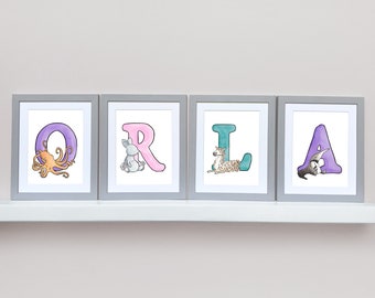 Custom Animal Alphabet Name set of prints. Individually mounted monogram letters 8”x10” Personalised for any name. Nursery decor