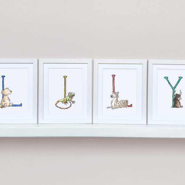 Custom animal alphabet name set of nursery art prints, individually mounted letters 8x10” personalised for any name. Gift for new baby