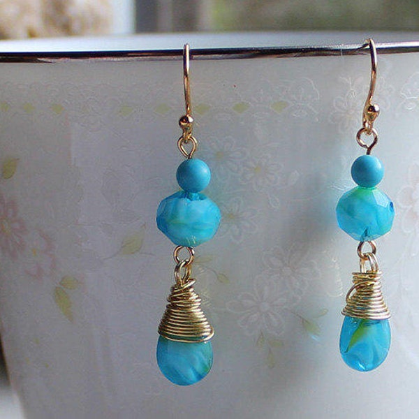 Turquoise Glass Bead Earrings with Wrapped Briolettes