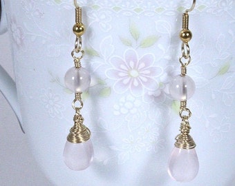 Modern Rose Quartz Earrings, Rose Quartz Drop Earrings, Pink Gemstone Earrings, Pink Chalcedony Earrings