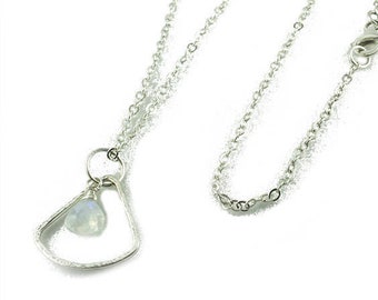 Rainbow Moonstone Necklace, Sterling Silver Necklace, Geometric Necklace, Silver Triangle, Rainbow Moonstone Drop