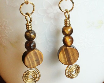 Tigers Eye Earrings, Tigers Eye Dangle Drop Earrings, Modern Brown Earrings, Brass Wire Spiral, Brown and Gold Earrings