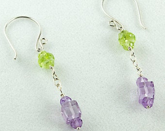 Peridot and Amethyst Earrings, Dangle Drop Earrings, Sterling Silver with Amethyst and Peridot