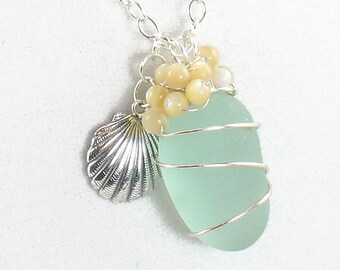 Sea Glass Necklace, Sea Glass Pendant Necklace, Sea Glass Jewelry, Sea Foam Green Glass, Silver Shell Charm, Nautical Jewelry