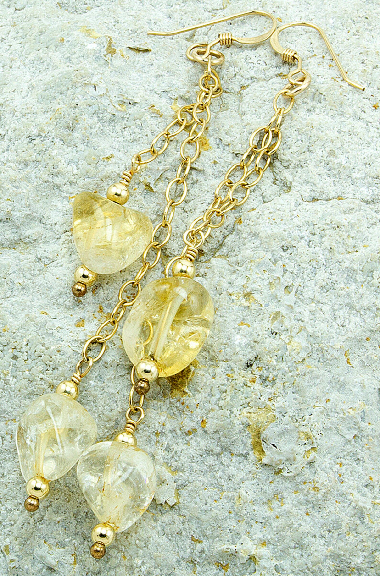 Pendientes De Citrino Crudo Con Encanto De Latón, Pendientes De Piedras Preciosas De Poder