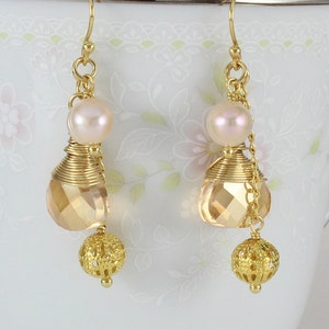 Wire Wrapped Earrings,  Wire Wrapped Glass, Freshwater Pearl Drop, Glass Drop Earrings, Champagne Drop Earrings, Golden Drop Earrings