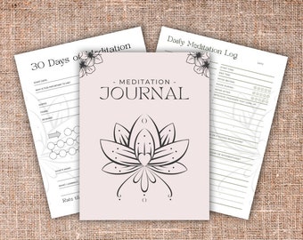 May include: Printable meditation journal with a pink cover featuring a black and white lotus flower design. The journal includes a 30-day meditation challenge and a daily meditation log.