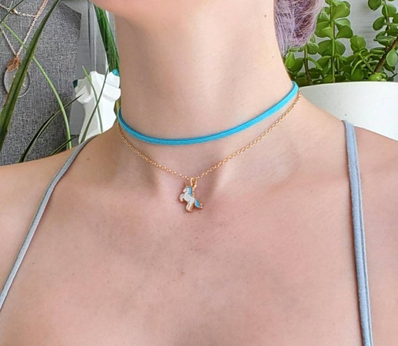 Blue Suede Unicorn Choker Multilayered Gold Chain Etsy