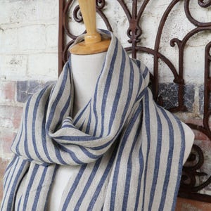Lovely 100% Linen Scarf - Natural and Denim Stripe - FREE GIFT